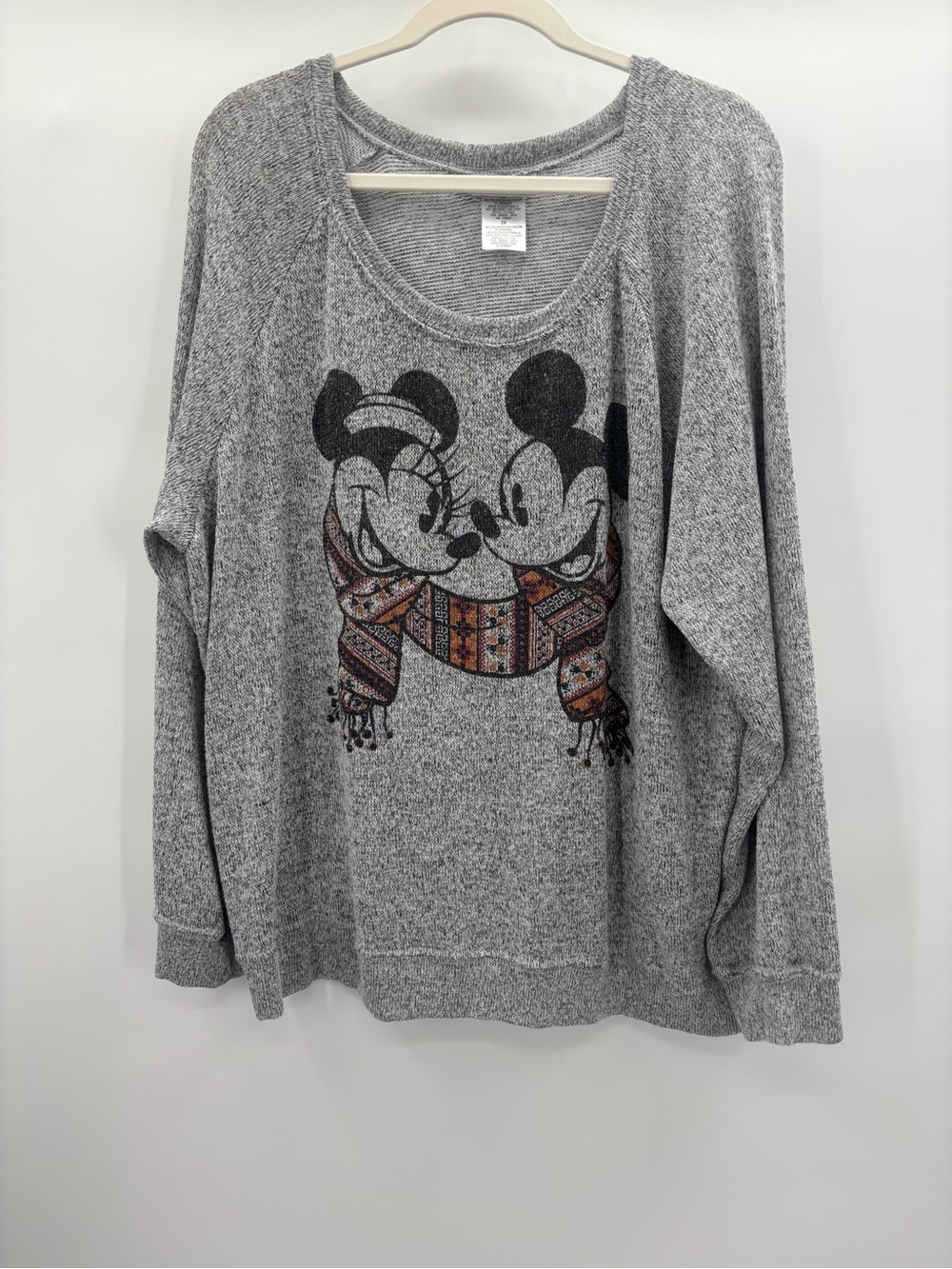 Disney Parks Heather Gray Scoop Neck Sweater Mickey & Minnie Scarf Graphic 3X
